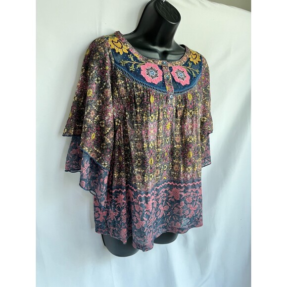 Anthropologie Postmark Ciutadella Boho Top Sz XS Hippie Bell Sleeve Embroidered - Picture 4 of 11